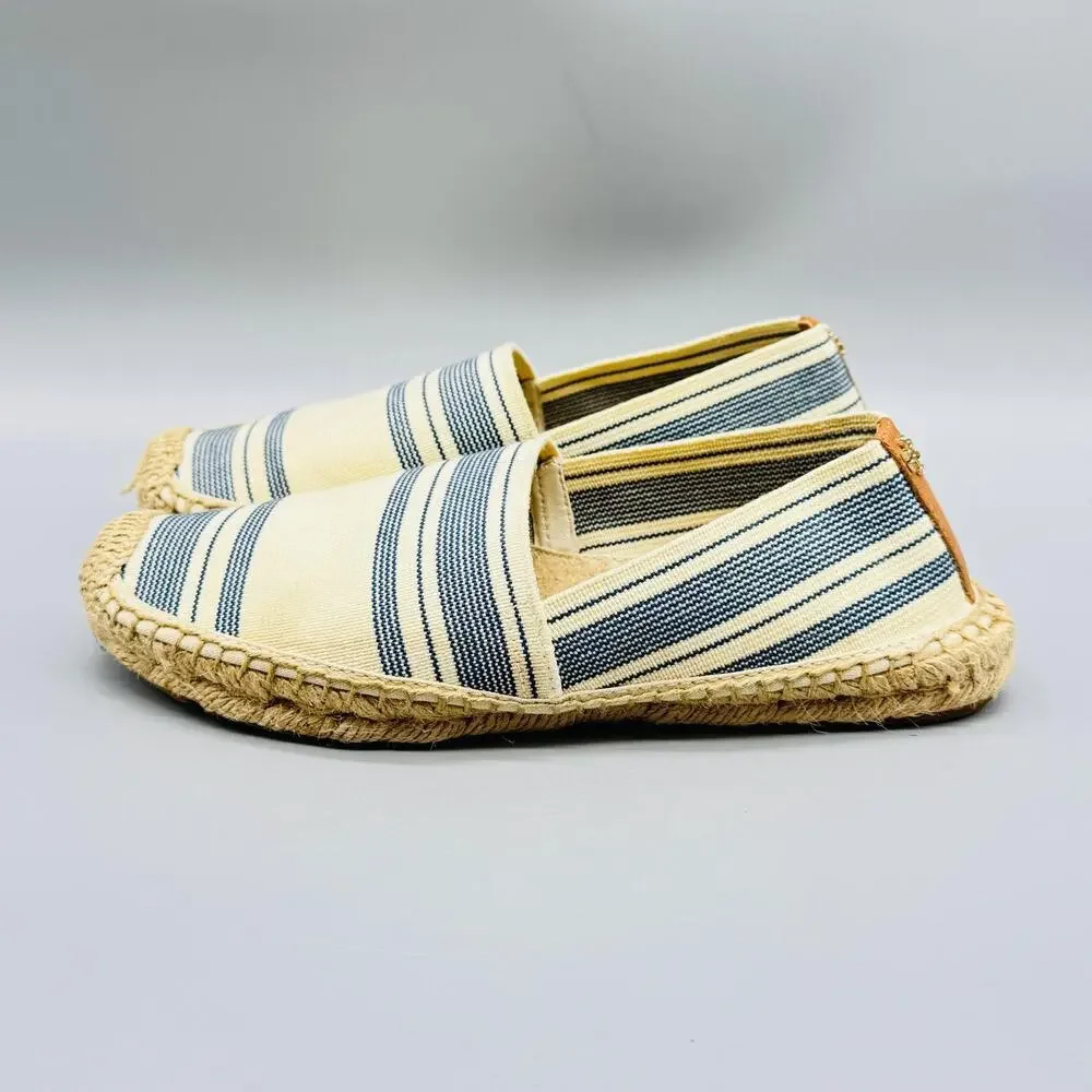 Tory Burch Shoes Womens 8.5 Blue Ivory Canvas Stripe Espadrilles Jute Slip On